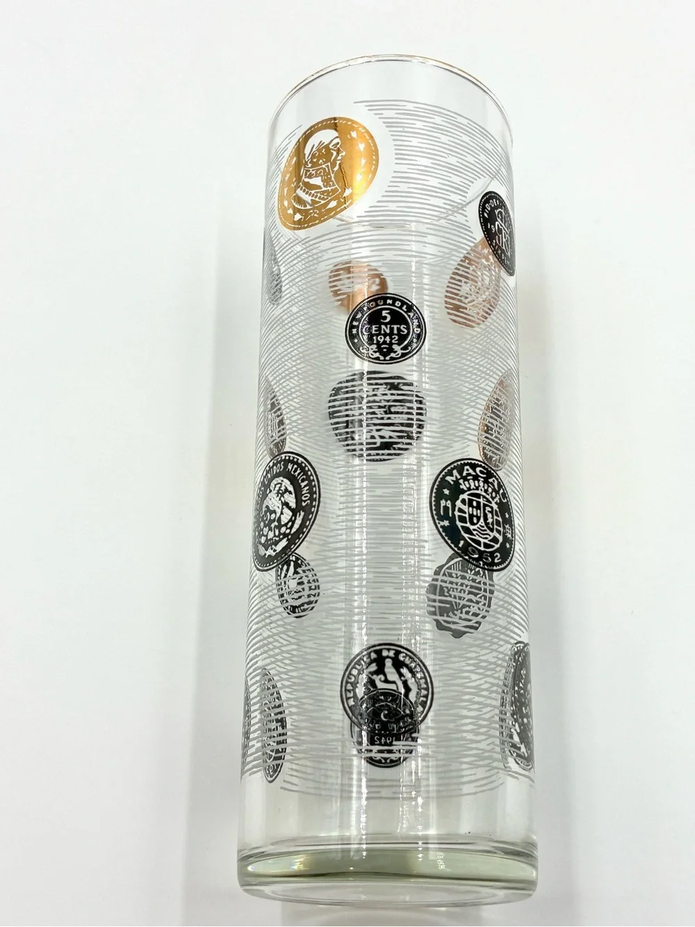 VTG Libbey Tom Collins Glasses Set of 6 International Coins Black Gold MCM 7